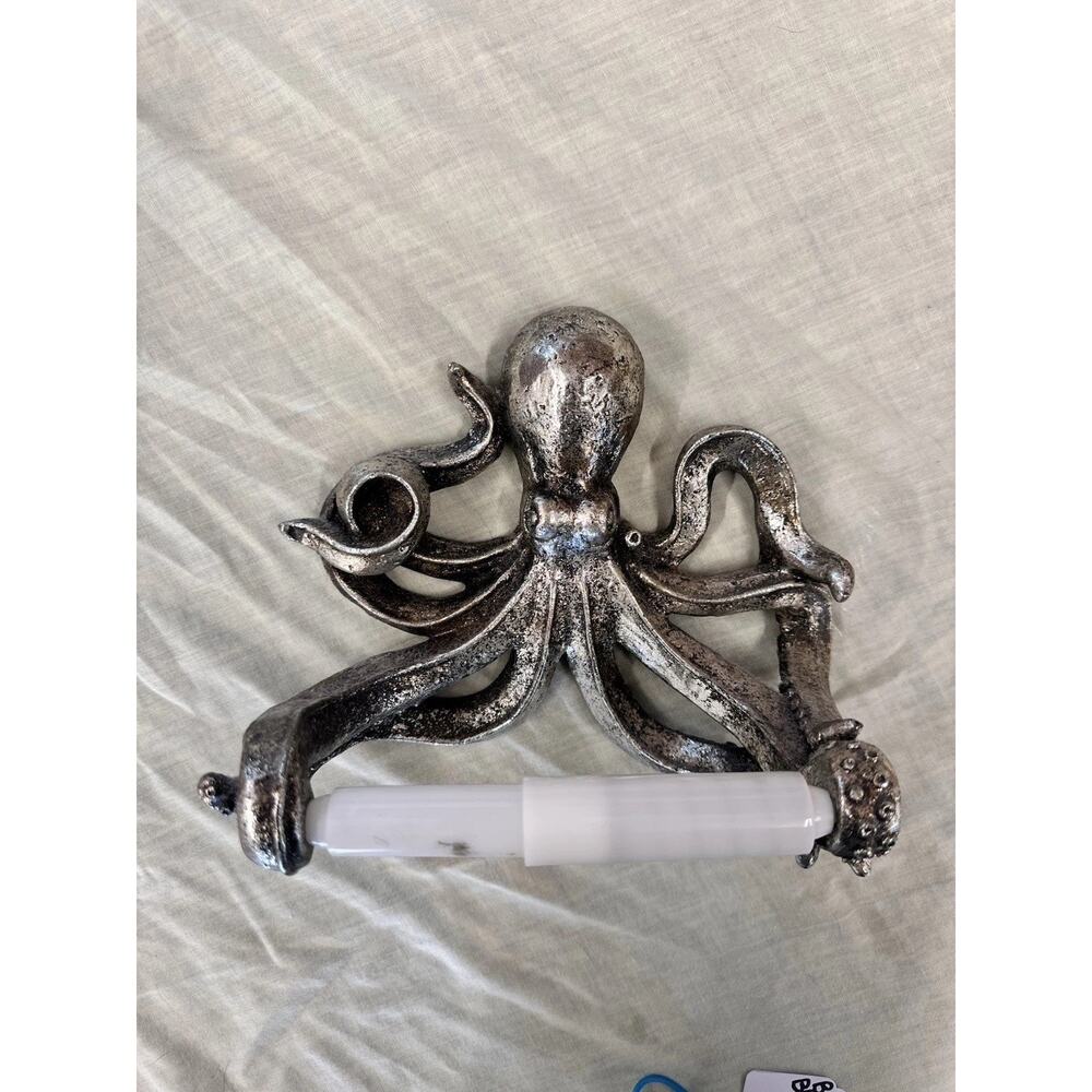 Octopus Toilet Paper Holder Antique Silver Finish Wall Mount Resin Nautical